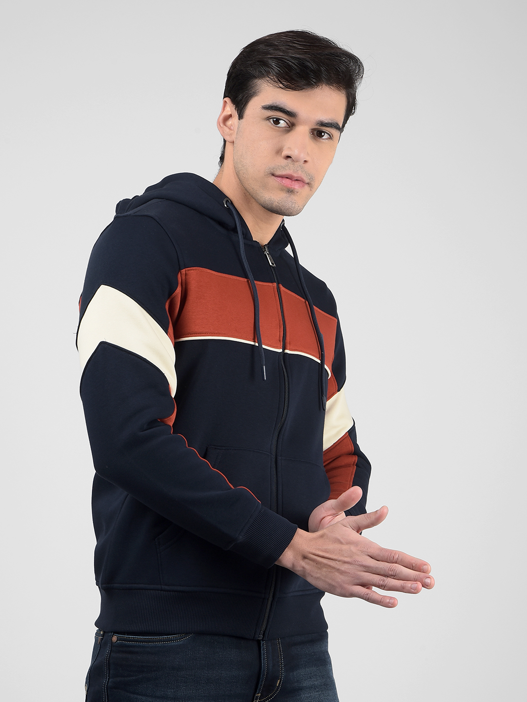 Numero Uno Men Blue Color Block Front Open Zipper Sweatshirt